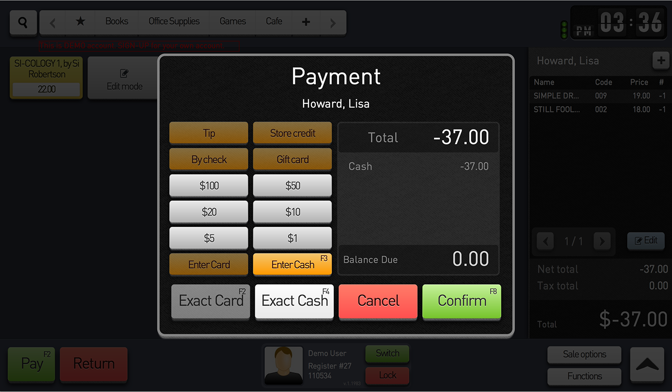 Payment modal covering the product catalog and edit controls